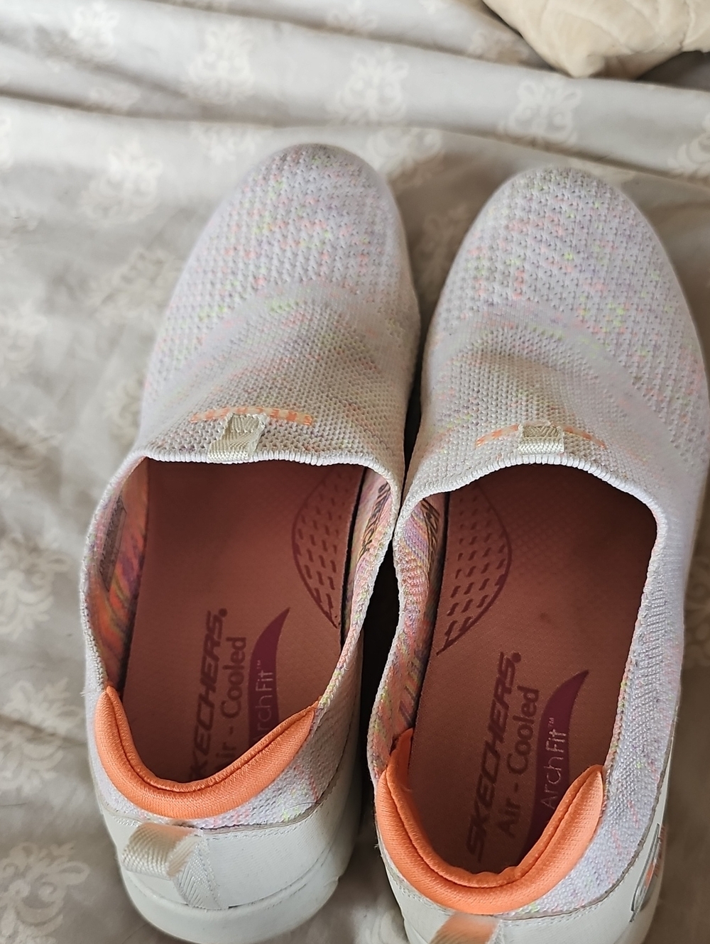 Skechers Women's Slip-On Knit Mules in Light Pink with Peach Accents